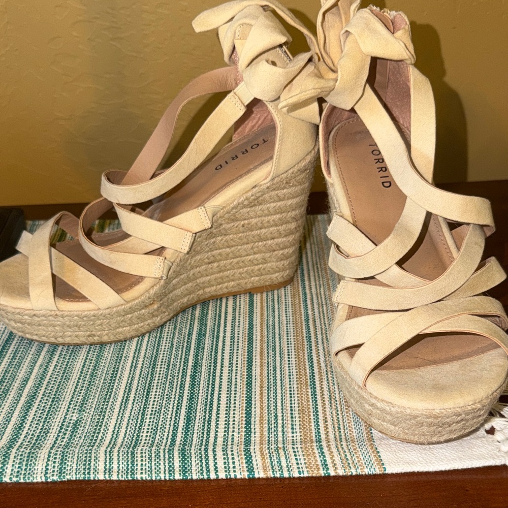 torrid Neutral Beige Espadrille Platform Wedge Sandals with Ankle Wrap